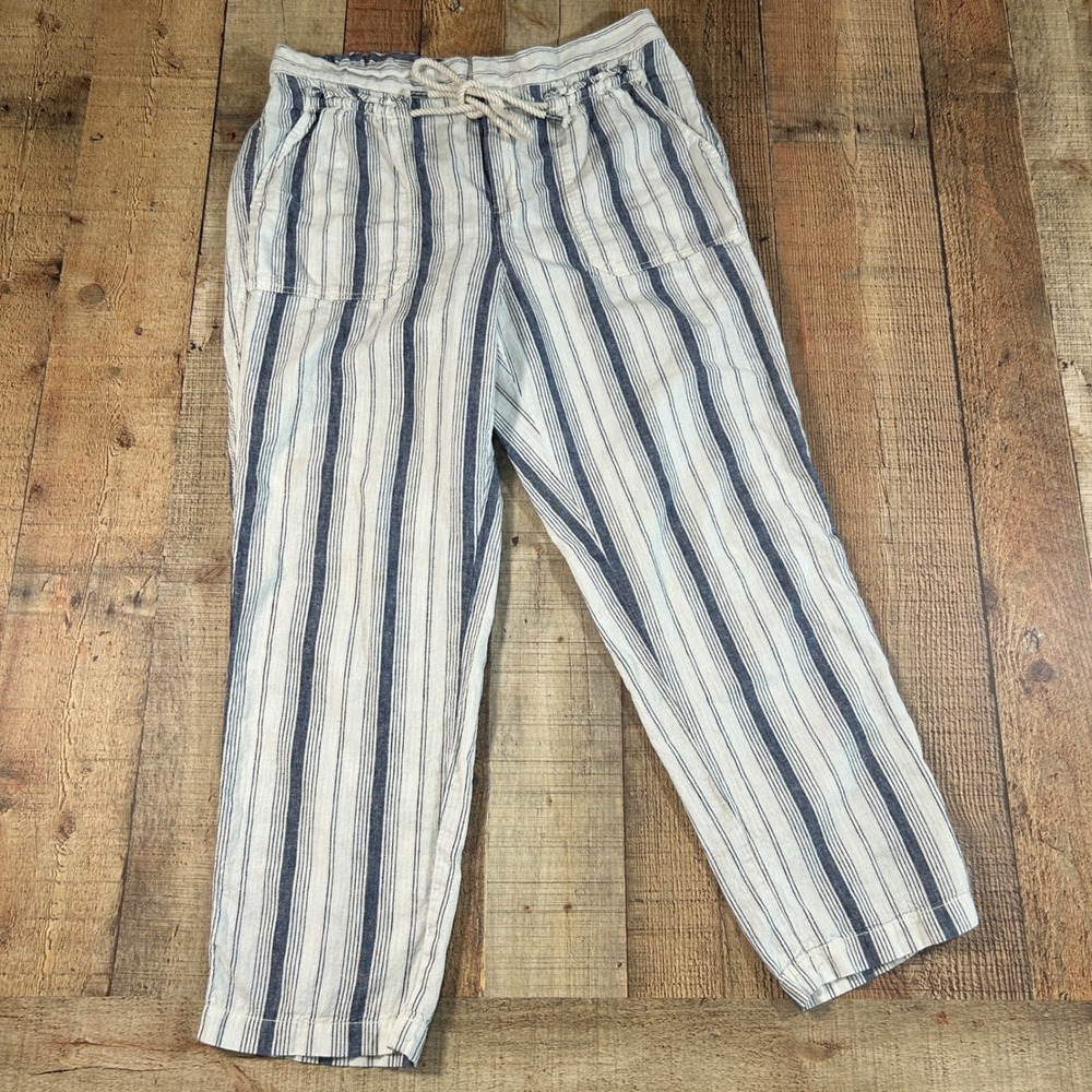 Anthropologie Seashore Striped Linen Blend Pants 12 Blue White Drawstring Resort